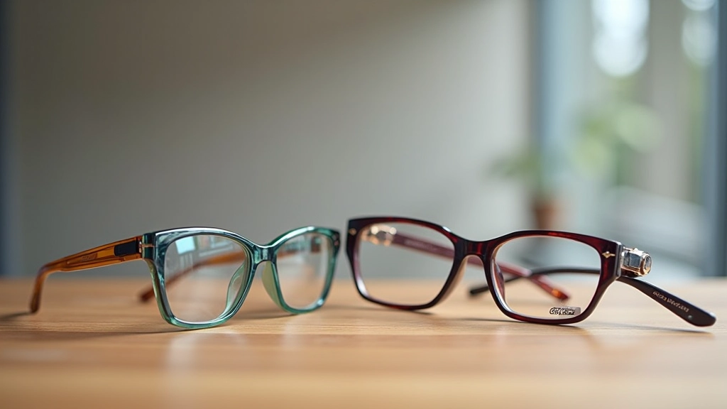 Verschiedene moderne Brillenrahmen in unterschiedlichen Farben und Stilen auf Holztisch