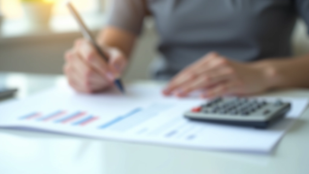 Kalkulator und Notizbuch mit Finanztabellen, Stift auf Schreibtisch, Nahaufnahme