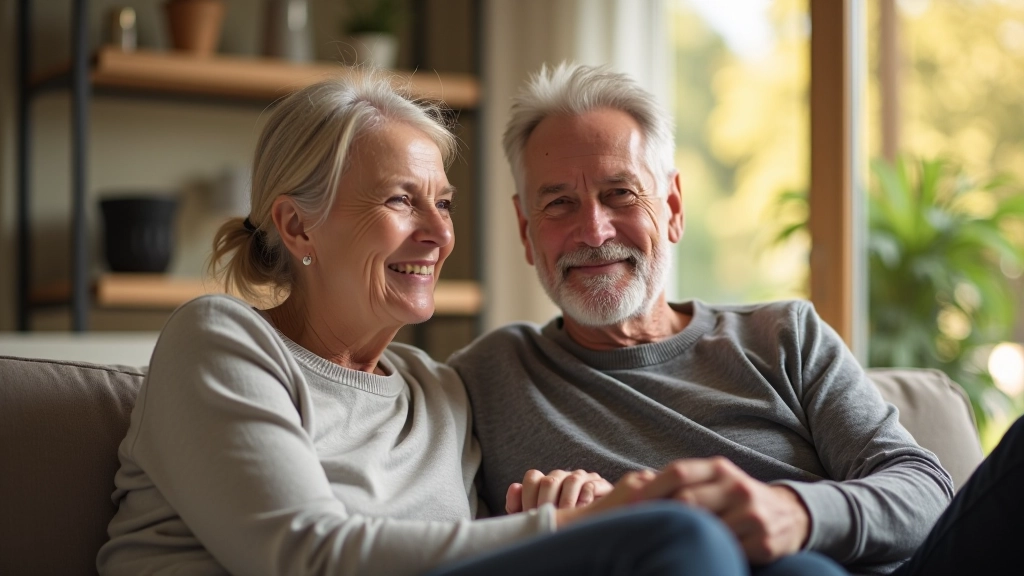 Paar mittleren Alters sitzt entspannt in hellem Wohnzimmer, beide lächeln, gemütliche Atmosphäre