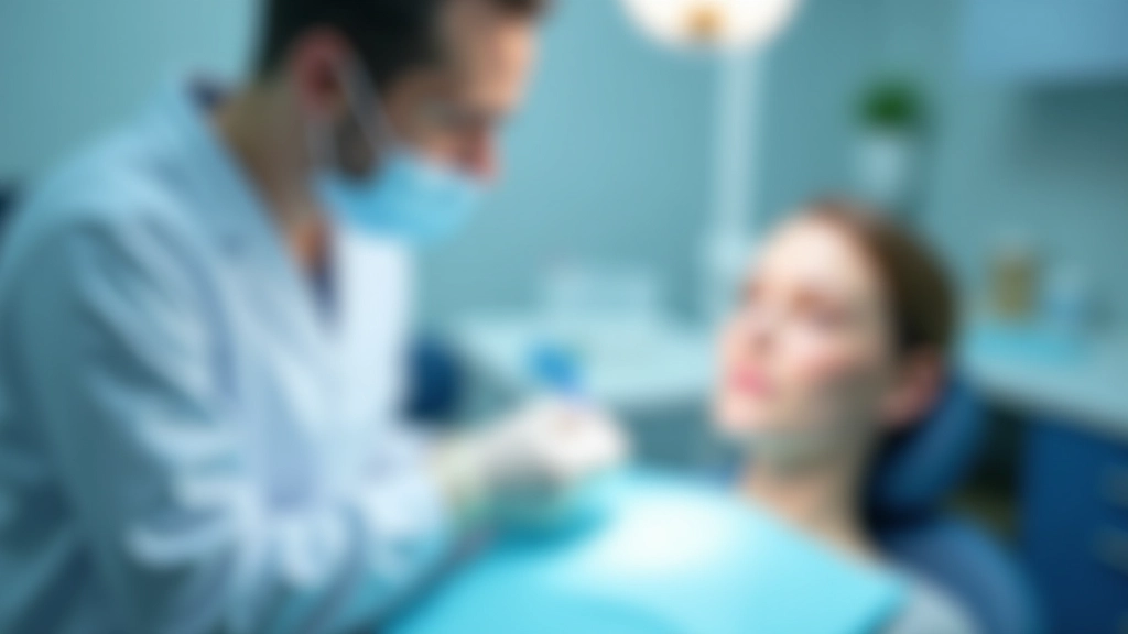 Zahnarzt untersucht Patienten mit Zahnmodell und Instrumenten auf Behandlungstisch