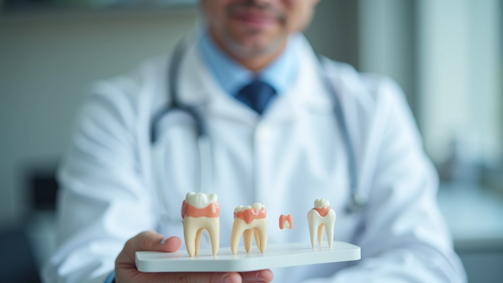 Zahnarzt zeigt Zahnmodell mit verschiedenen Behandlungsoptionen und Zahnersatzarten