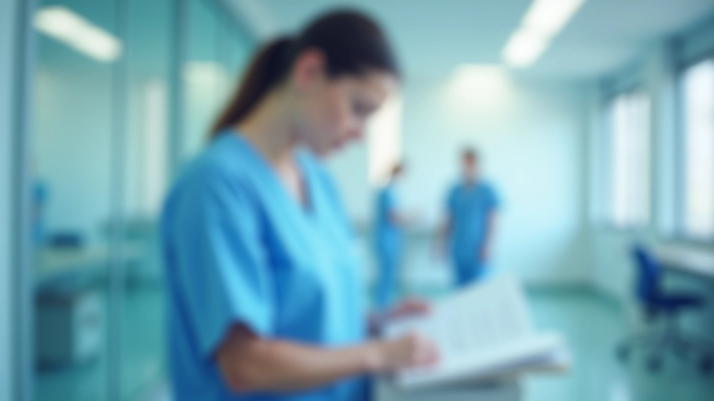 Krankenschwester bereitet Patientenakten vor, Schreibtisch mit medizinischen Dokumenten und Krankenakte in modernem Krankenhaus