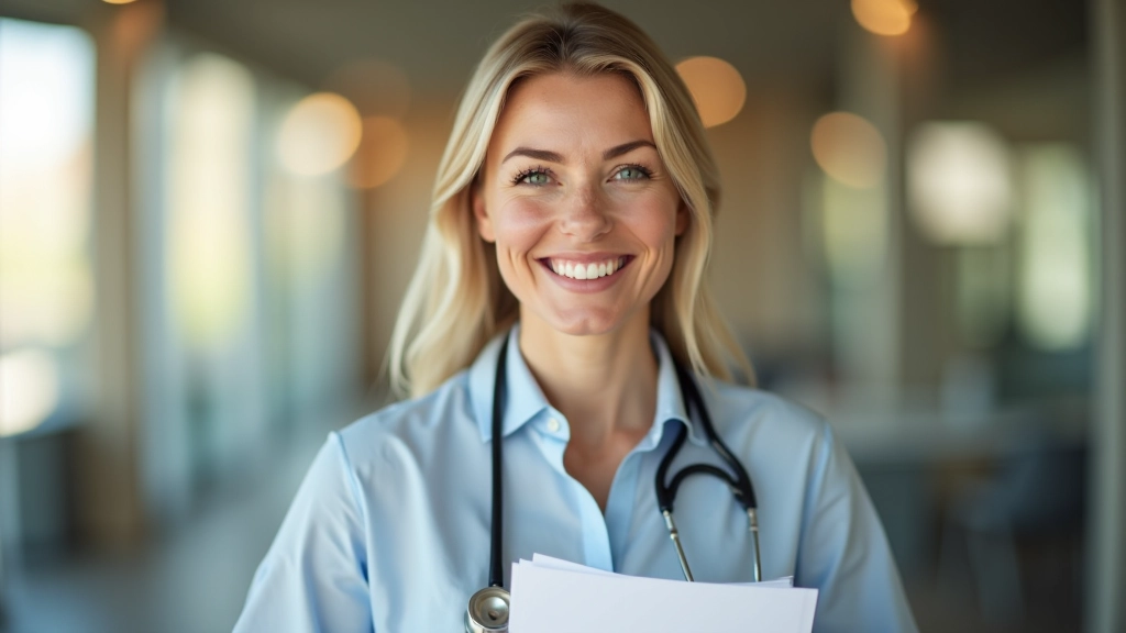 Gesundheitsberater zeigt Versicherungsdokumente am Schreibtisch, freundlicher Gesichtsausdruck