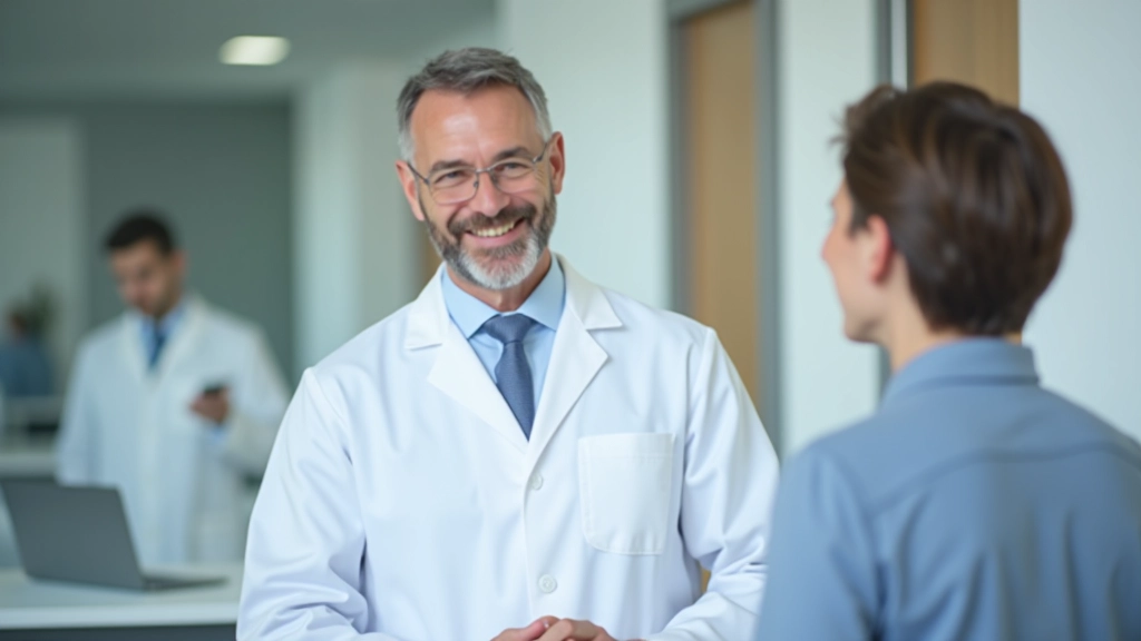 Arzt und Patient besprechen Behandlungsmöglichkeiten in einem hellen Büro, beide schauen auf Unterlagen auf dem Schreibtisch