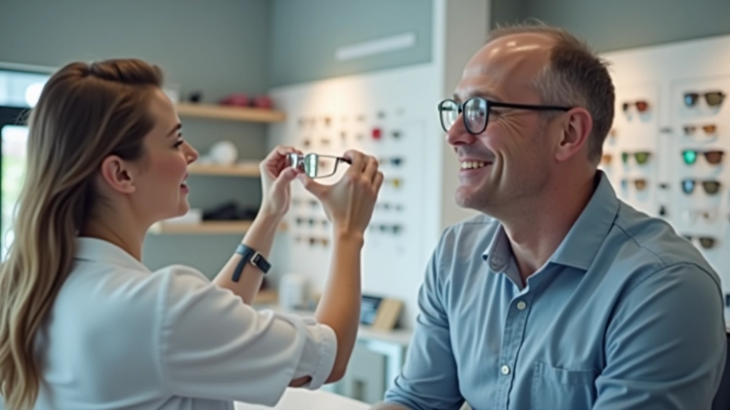 Optiker passt Brille auf Kundengesicht an in moderner Optiker-Praxis