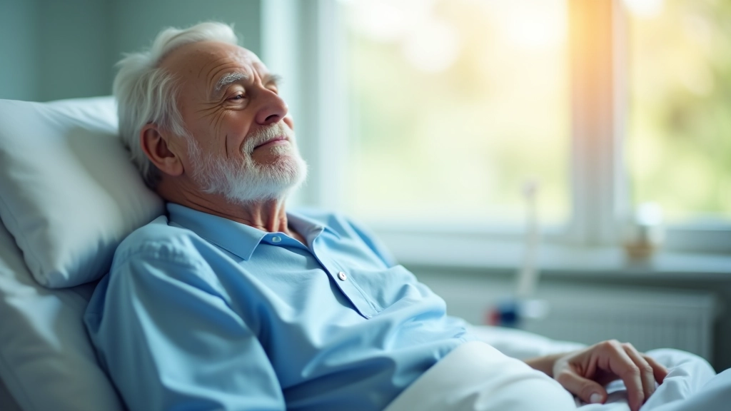 Älterer Mann sitzt im Krankenhausbett, lächelt zufrieden, freundliches helles Zimmer mit Ausblick aus dem Fenster