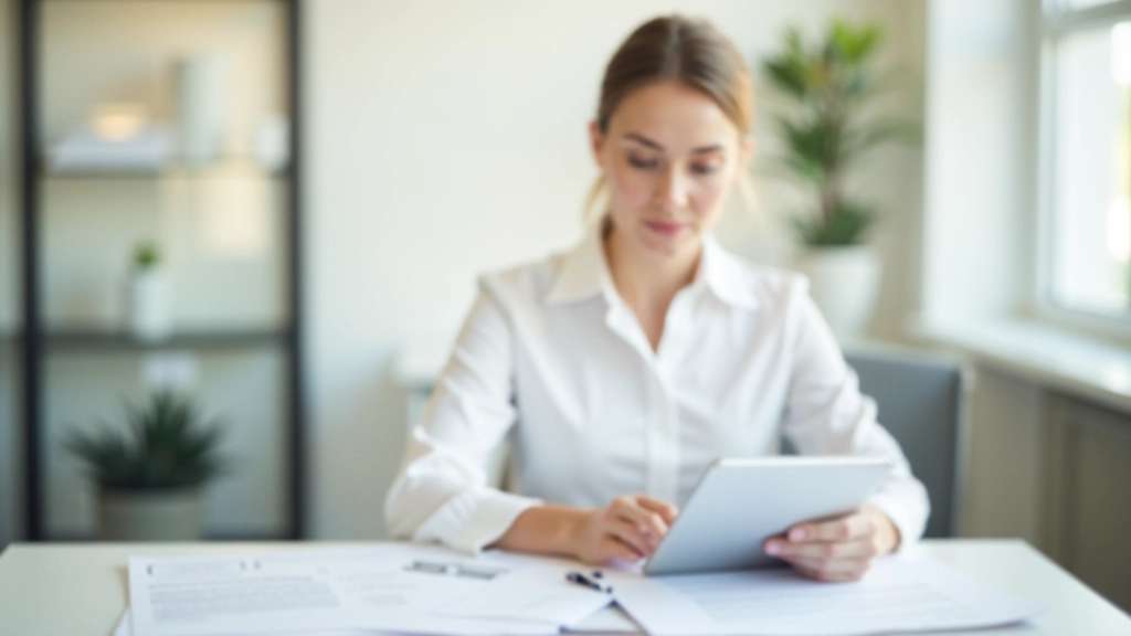 Person sitzt mit Tablet am Schreibtisch und prüft Versicherungsunterlagen, helles Büro mit Fenster im Hintergrund