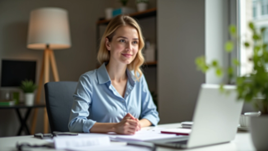 Frau sitzt am Schreibtisch mit Laptop und Dokumenten zur Versicherungsberatung