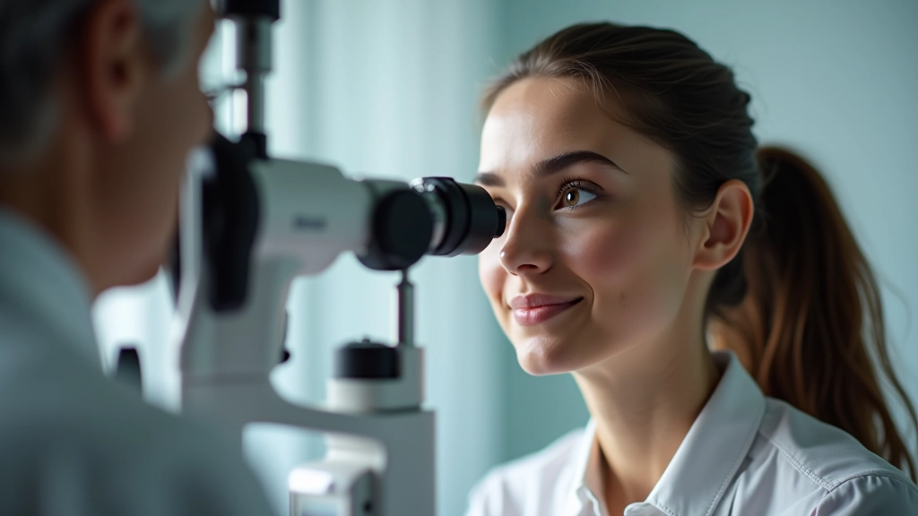 Optometrische Untersuchung: Frau schaut durch Phoropter während Sehtest mit Optiker