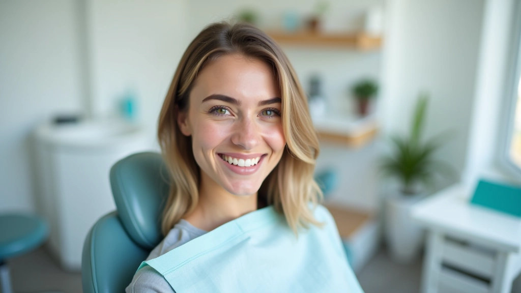 Junge Frau sitzt am Zahnarztstuhl und lächelt selbstbewusst nach erfolgreicher Untersuchung